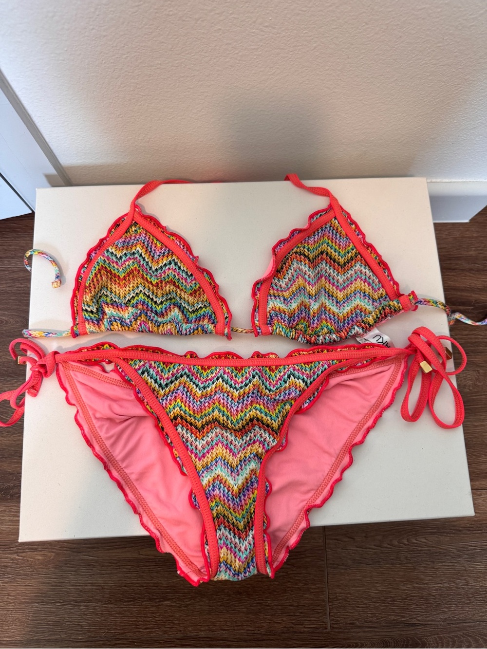 Women’s Multicolor Chevron Two-Piece Bikini with Coral Trim